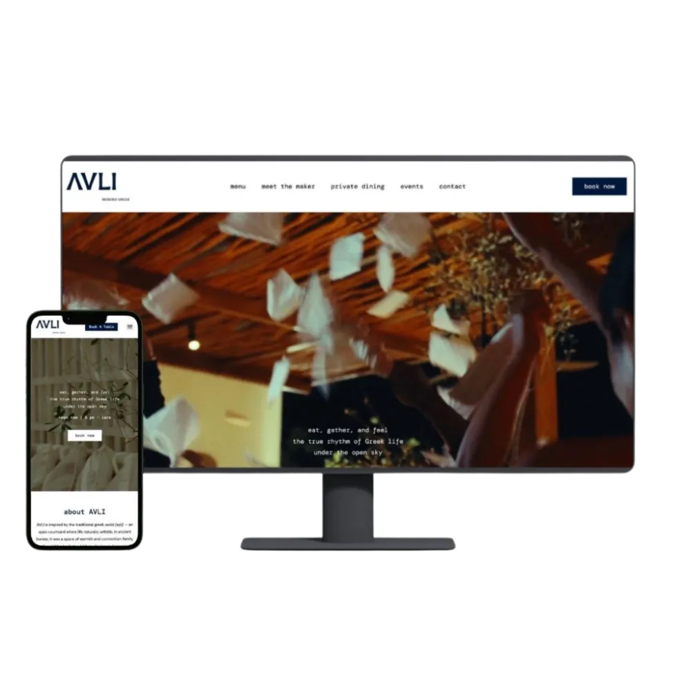 AVLI restaurant website designed by 741.Studio, shown on desktop and mobile